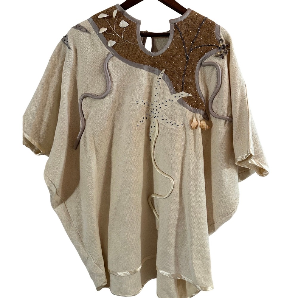 Vintage Galion‎ Embroidered Southwest Cotton Beaded with Shells Folk Art Poncho